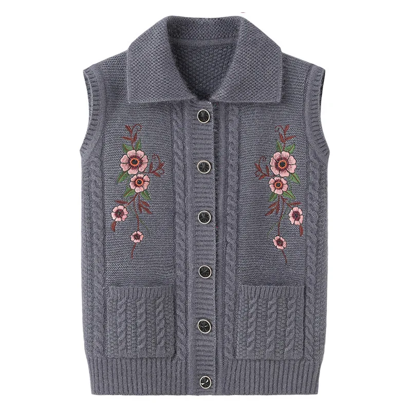 Embroidered Middle-Aged Elderly Women\'s Sweater Vest Spring Autumn Clothes Grandma\'s Winter Cardigan Vests Mother Knit Tops