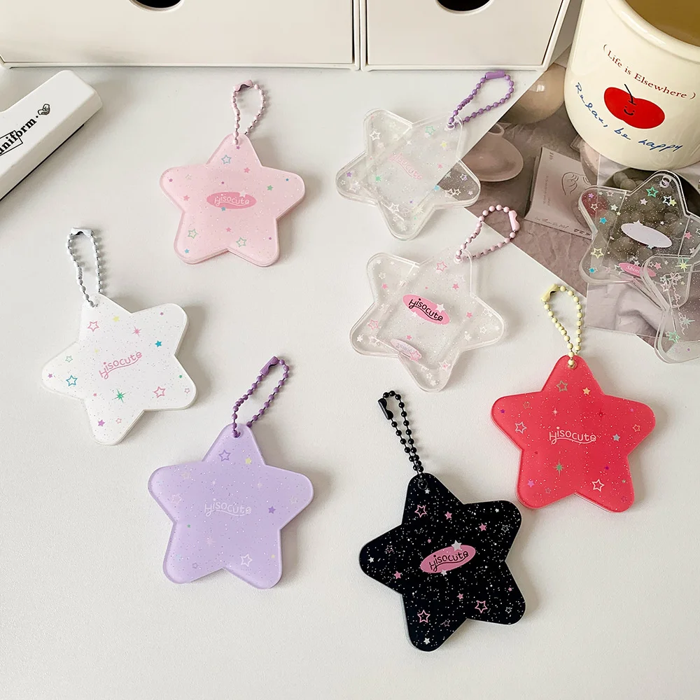 Glitter Star Card Holder with Keychain Acrylic 1-Inch Photocard Holder ID Card Case Student Kpop Idol Photo Card Bag Key Chain