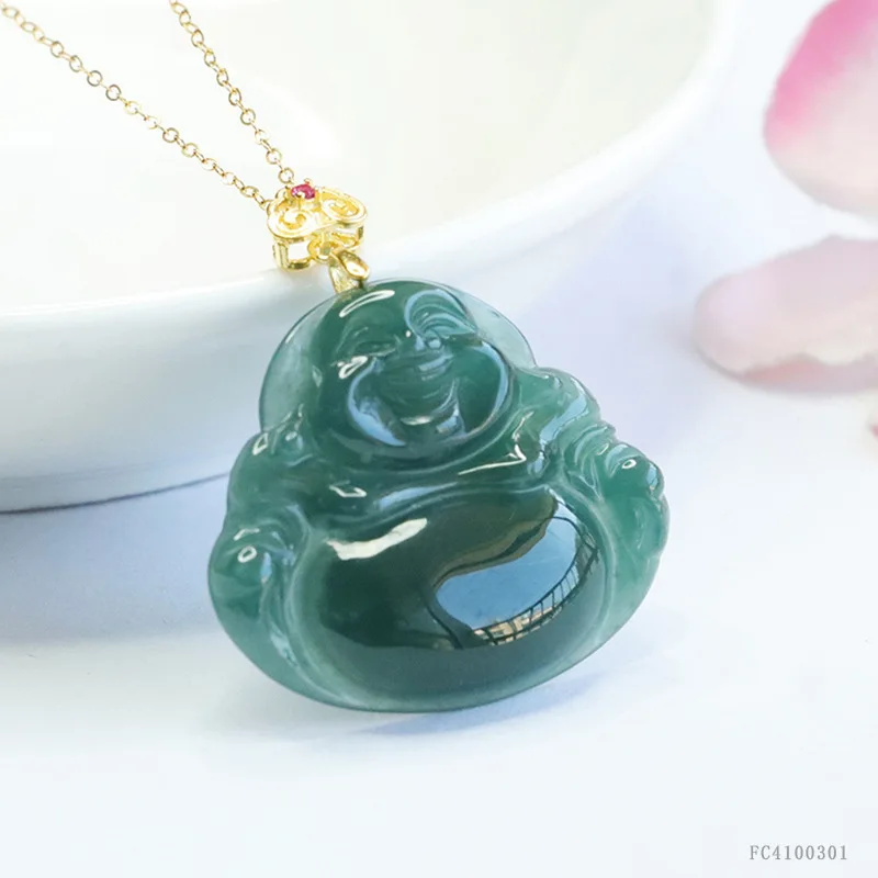 S925 Silver Inlaid Natural Jadeite Buddha Pendant Blue Water Jade Necklace Fashion Personality Female Accessories Amulet Gift