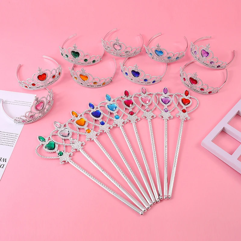 Kids Gemstone Crown Scepter Toys Princess Costume Accessories Girls Cute Headdress Magic Wand Toy Children's Birthday Party Gift