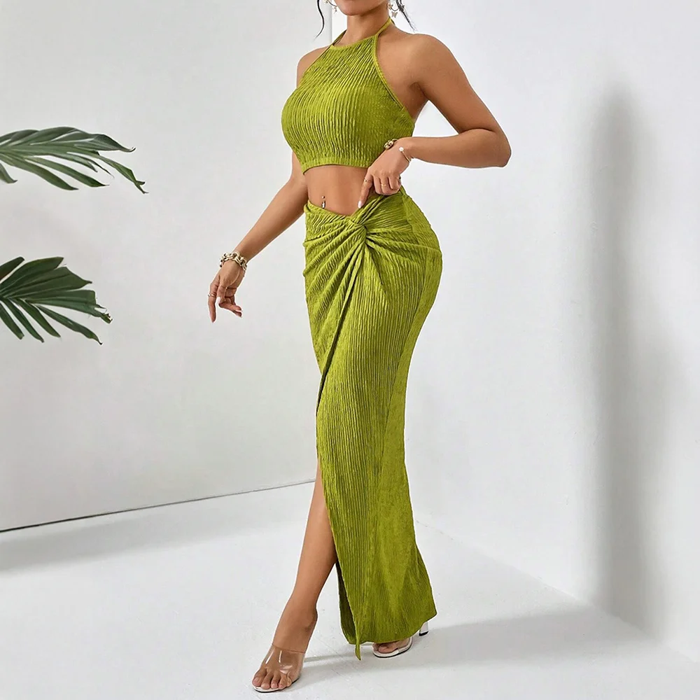 Sets Lente Zomer Fitting Slanke Elegante Effen Split Mouwloos Halter Hals Natuurlijke Taille Maxi Party Sets voor Dames