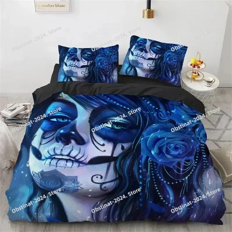 Top Skull Girl Day Dead Bride Dark Color Roses Print Bed Set Duvet Cover Pillowcase Bedding Set Bed Linen Sheet Quilt Cover size