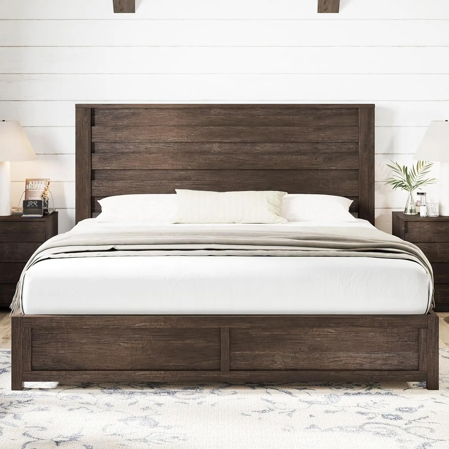 

Farmhouse Queen Size Bed Frame with 49" Fluted Headboard, Wood Platform Bed with Natural Grain, Gray