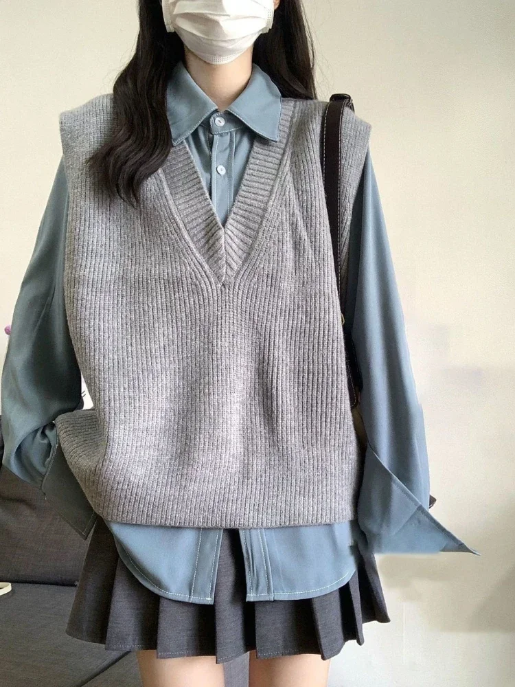 

Japanese Preppy Style Shirts and Sweater Vets Sets Women Solid Trendy Vintage Soft Harajuku Temperament Autumn Blusas Knitwear