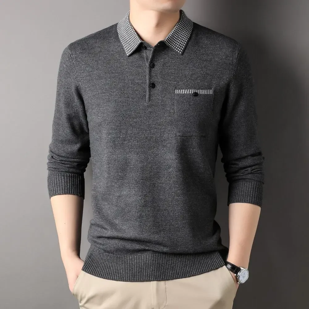  New Autumn Winter Men's Top Contracted Printing Soft Close Skin Tight Elastic Polo-neck Sweaters for Male Gift S6121