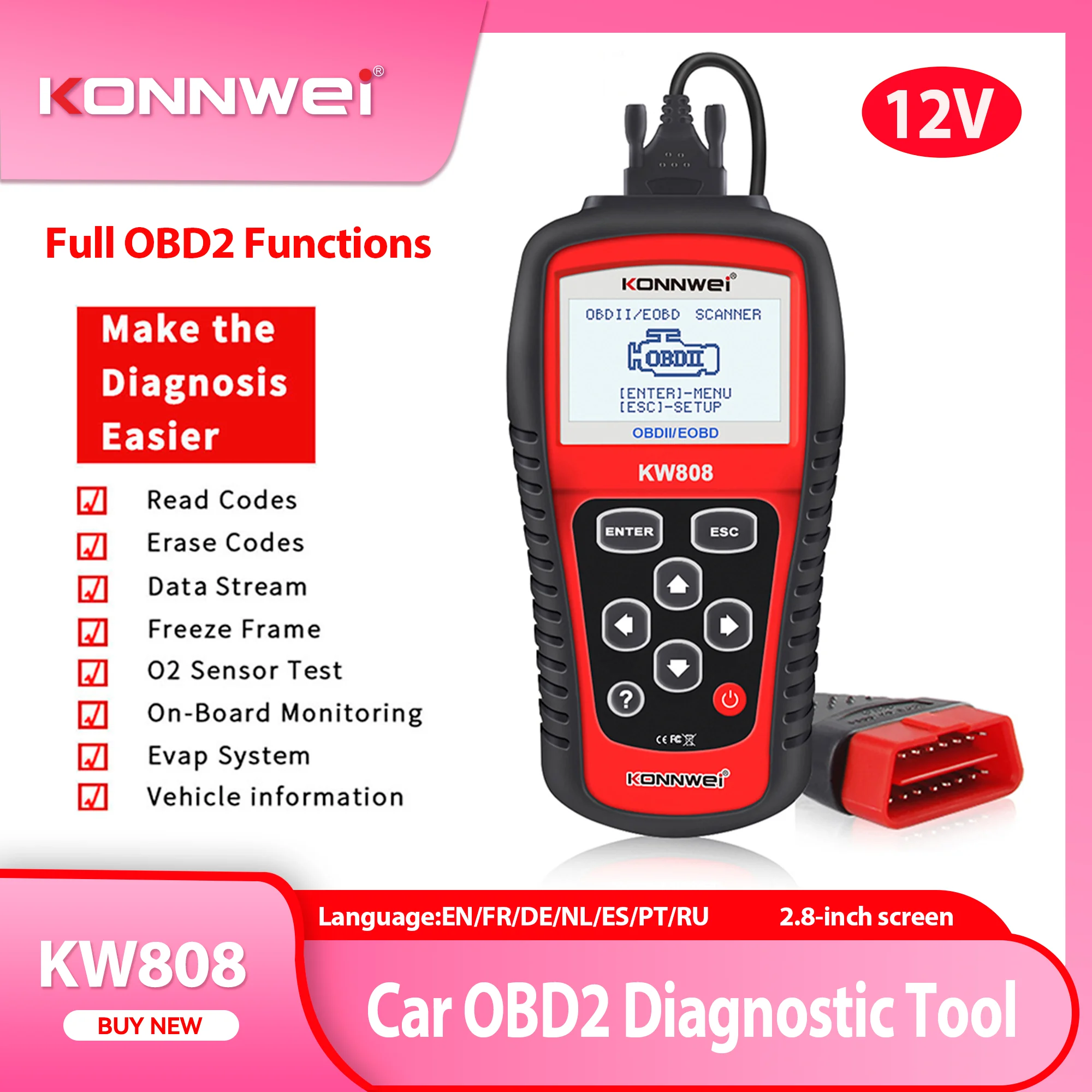 

2026 New KONNWEI KW808 Car OBD 2 Scanner OBDII Auto Automotive Diagnostic Scanner Tool Engine Fualt Code Reader Odb Tools Cars