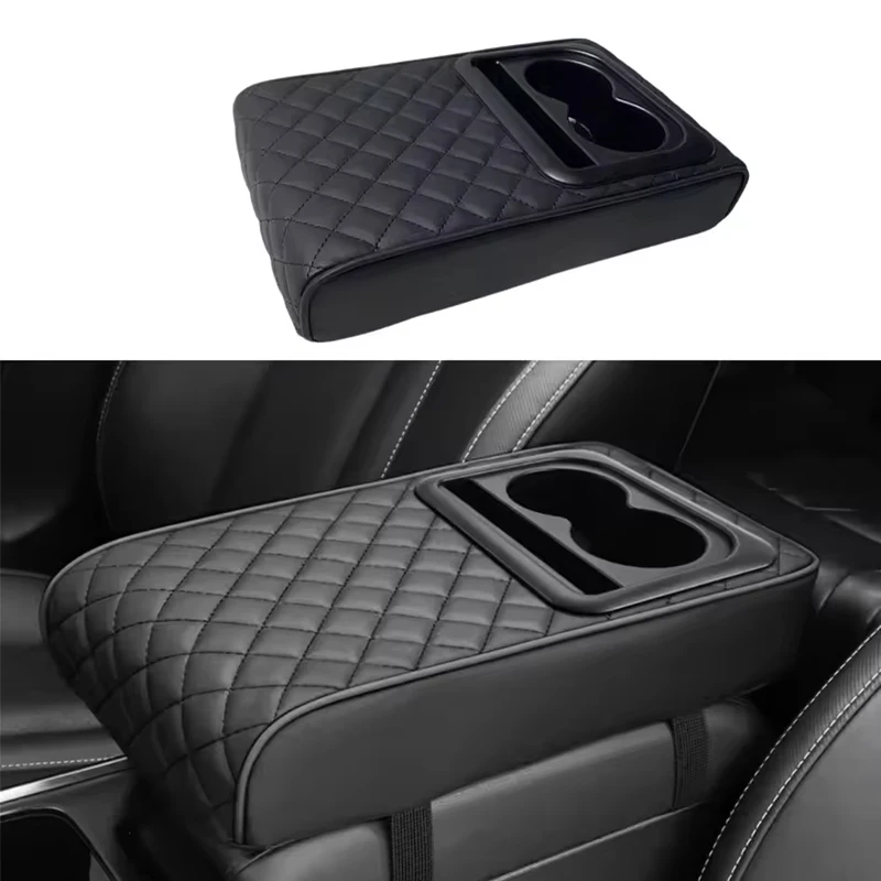 وسادة مسند الذراع لوحدة التحكم المركزية للسيارات مع حامل أكواب من جلد البولي يوريثان وسادة مسند الذراع المحمولة للسيارة غطاء وسادة الارتفاع