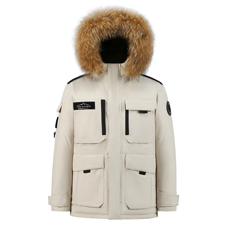 -30 Degree Down Parkas Men Windproof Hooded Thicken Multi-pocket Down Coat Casual Fashion Thick Warm Embroidered Design Parka