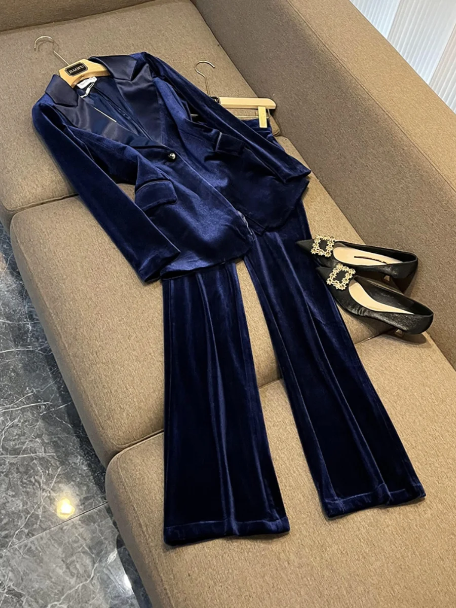 Designed Patchwork High Quality Velvet Lady Solid Office Suit Single Button Long Sleeve Blazer Flared Pants Women 2Pcs