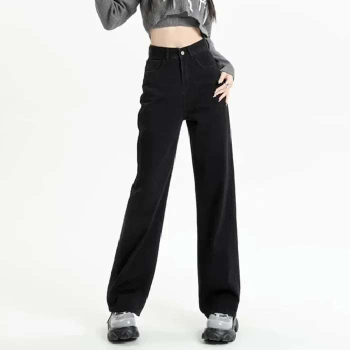 جديد أسود فضفاض الجينز الشارع الشهير خمر النساء عالية الخصر فضفاض الجينز النساء السراويل زر النساء السراويل مستقيم واسعة الساق الجينز