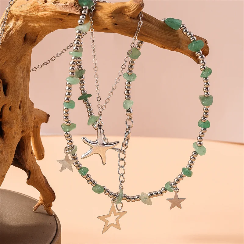 Aihua Boho Kpop Bunte Unregelmäßige Naturstein Hohl Stern Anhänger Halsband Halskette Frauen Goth Perle Kette Y2K Schmuck Zubehör – Detail 3