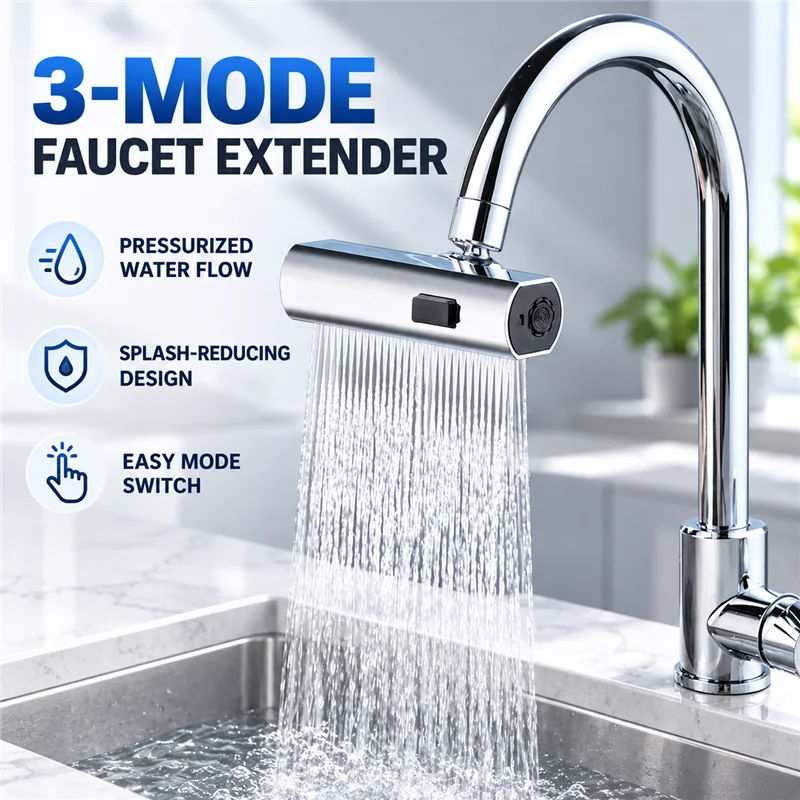 360° Swivel Universal 3‑Mode Waterfall Spray Tap Extender Kitchen Sink Faucet Nozzle Anti‑Splash Water Saving Faucet Aerator