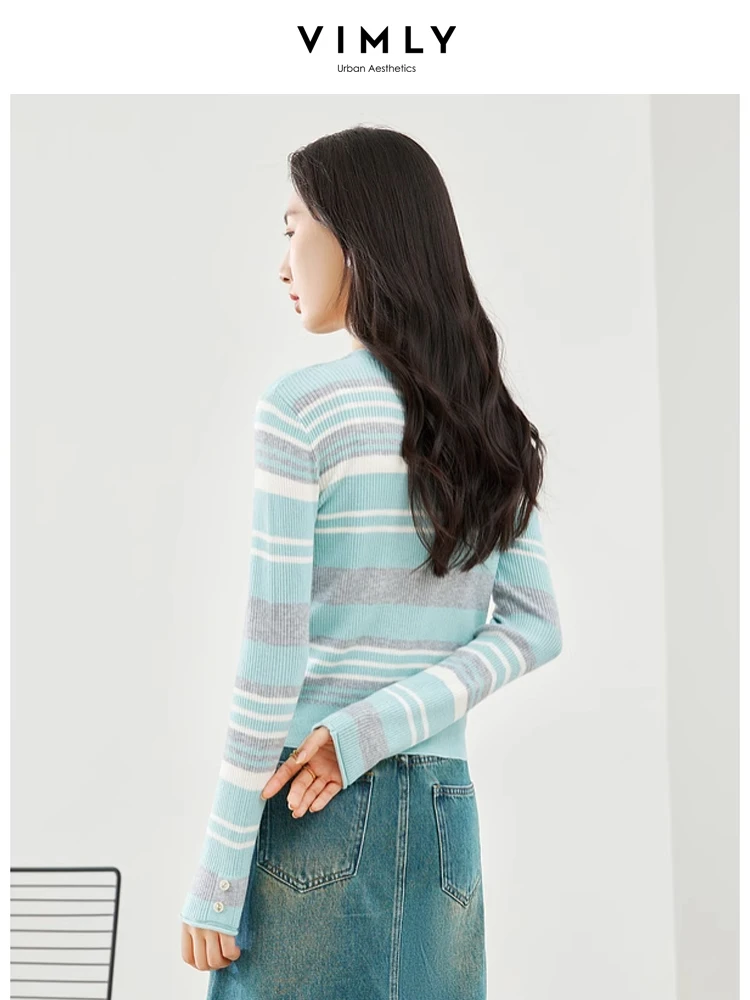 Vimly Contrast Striped Knitted Cardigans O-neck Long Sleeve Top Knit Sweater 2024 Spring High Strecth Slim Female Knitwear 72587