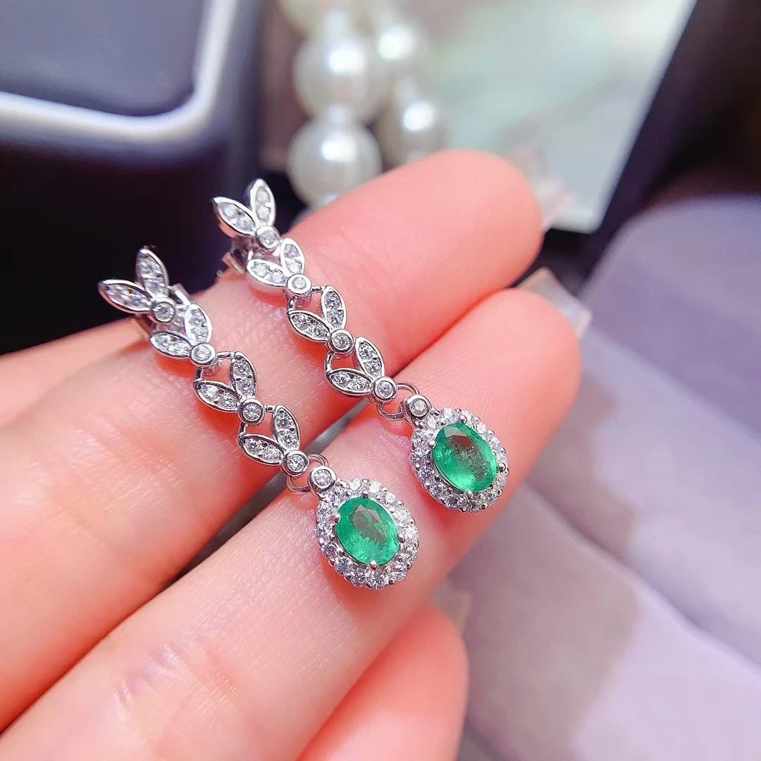 Solid 925 Silver Natural Emerald Drop Earrings for Wedding 4mm*5mm Total 0.6ct Colomiban Emerald Earrings with Gold Plating