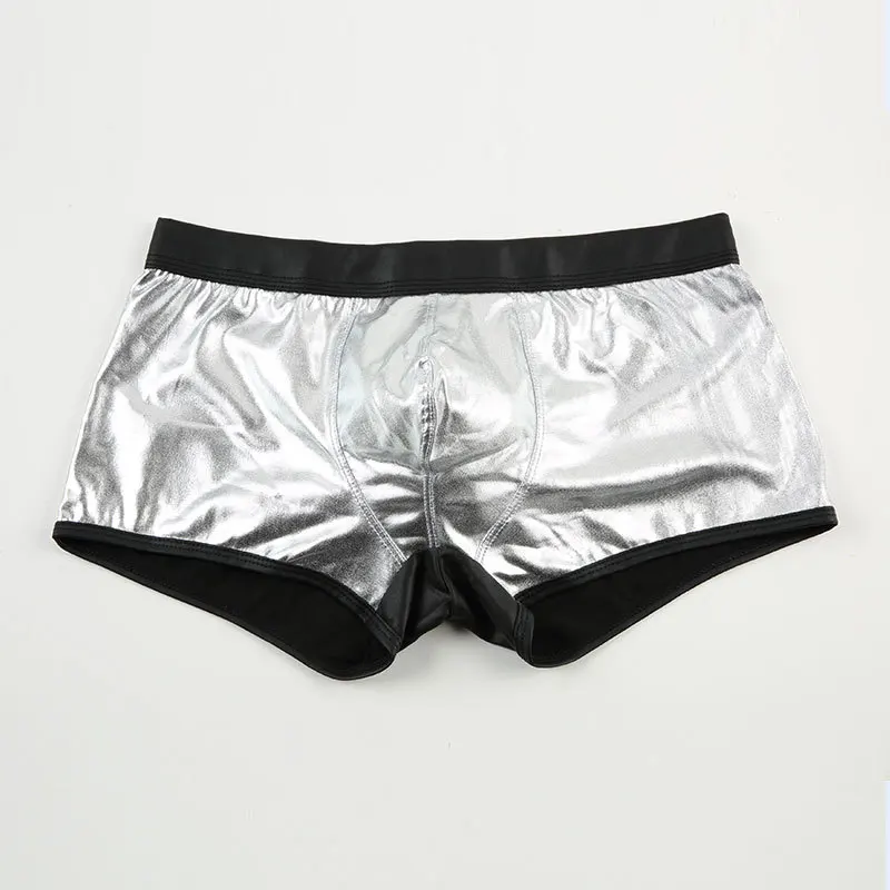 Men Underwear Shiny Imitation Leather Color Matching Boxers High Elastic Low-Rise Underpants Sexy U Convex Pouch Boxer Knickers