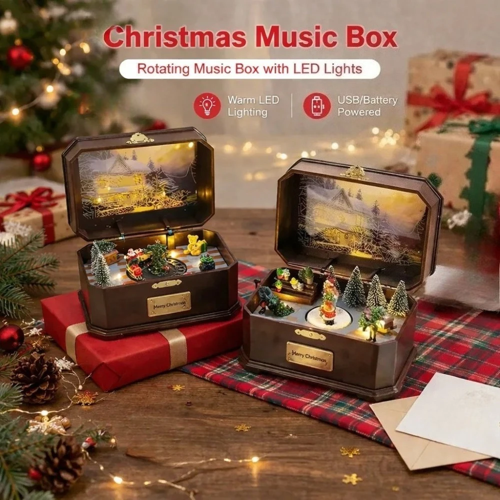 

Christmas Music Box with Rotating Light, USB Rechargeable Musical Decoration for Home, Battery Powered Holiday Gift for Kids