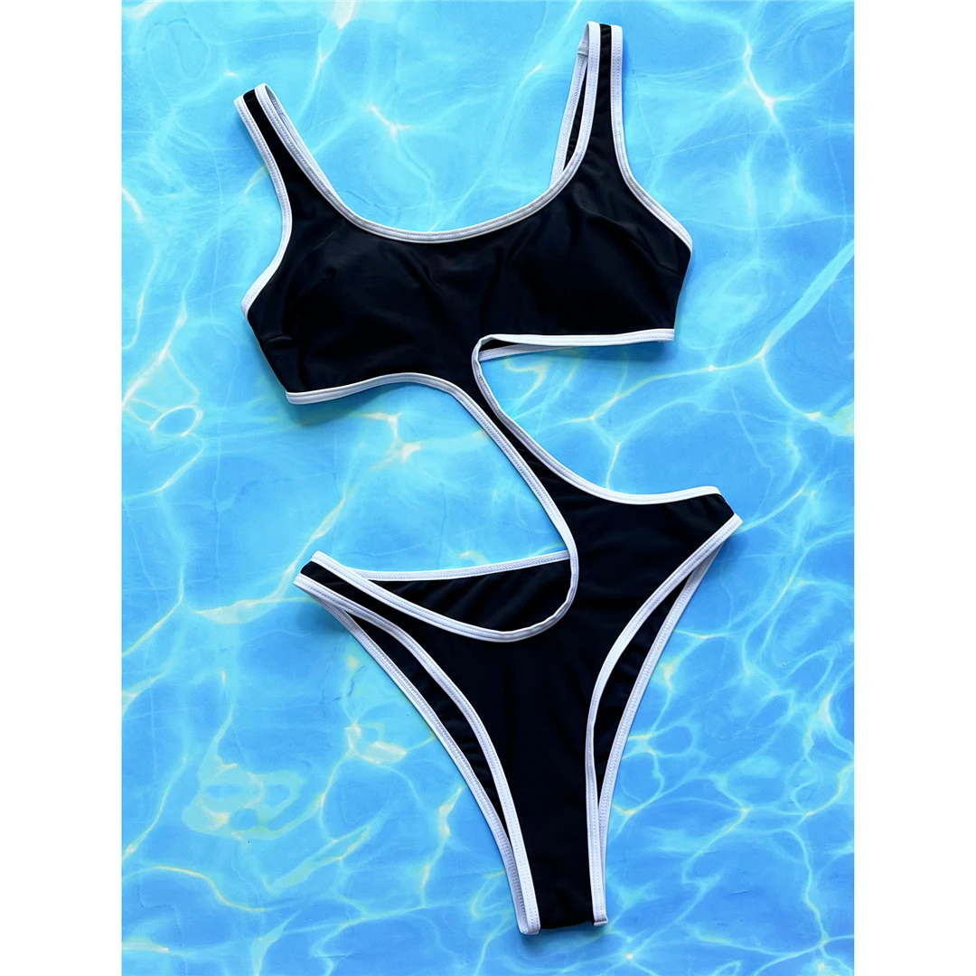 Neuer, sexy, asymmetrischer Badeanzug mit Ausschnitt im Bauchbereich, einteilig, für Damen, mit Polsterung, hoher Beinausschnitt, Badebekleidung, Badeanzug, Modell V5050. – Detail 9