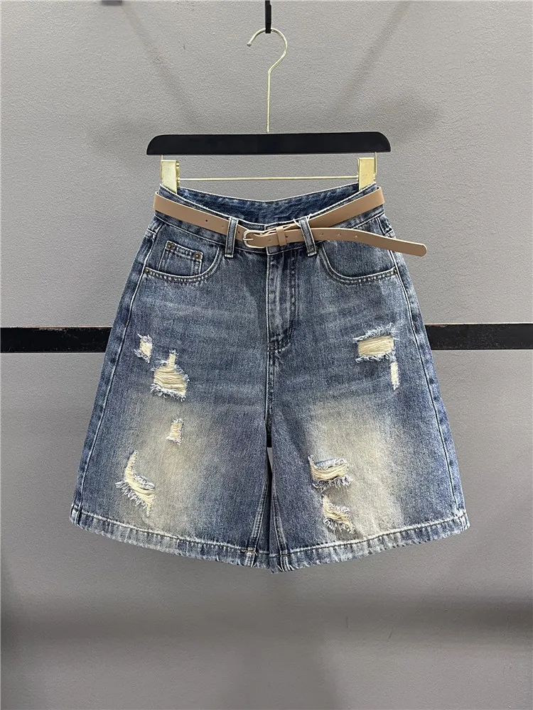 

American Style Vintage Ripped Denim Five-Point Pants Women's Summer High Waist Loose Slimming Casual Straight Leg Wide Leg Mi...