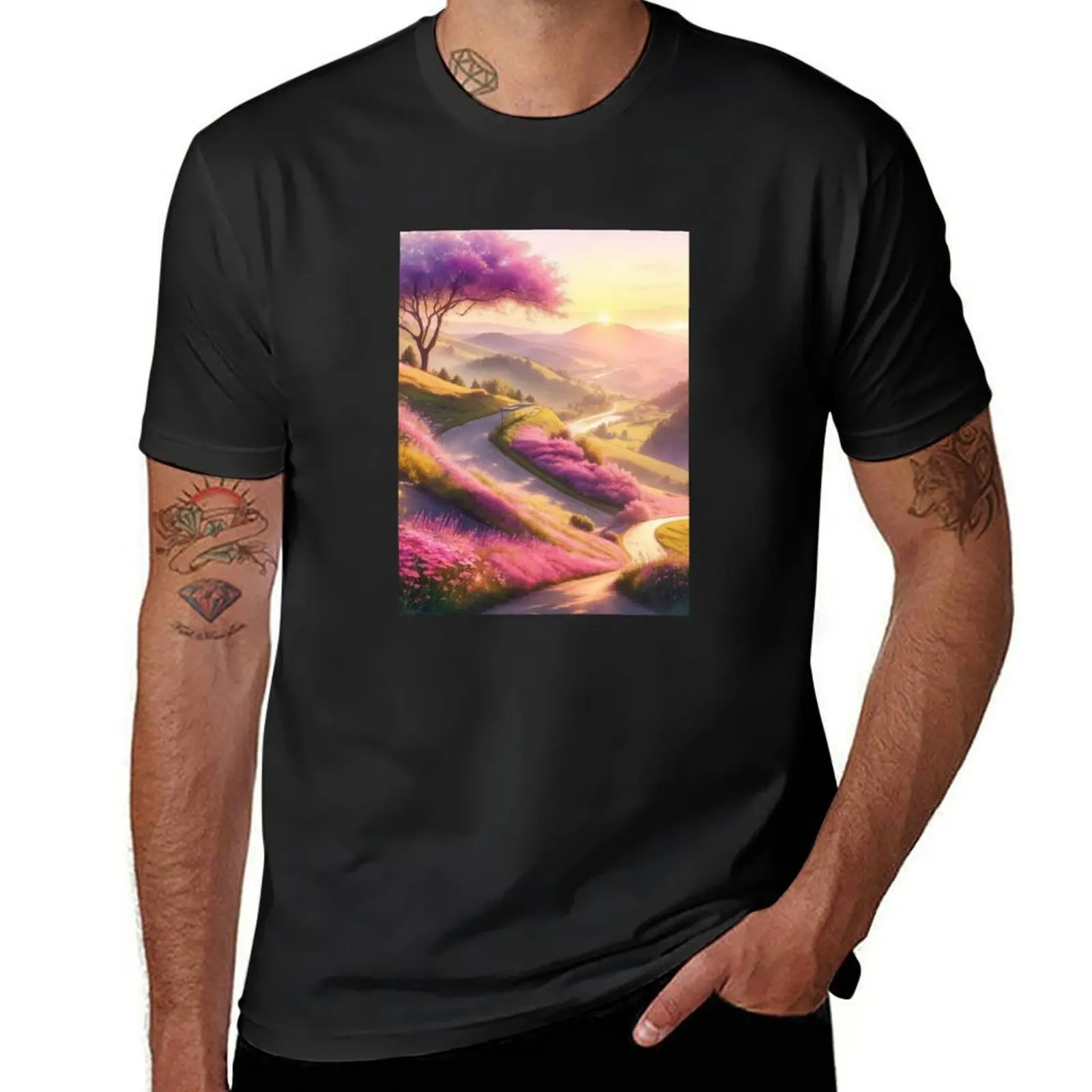 

Magical Sunset Over The Hill T-Shirt Short sleeve tee plus size tops anime clothes t shirts for men graphic