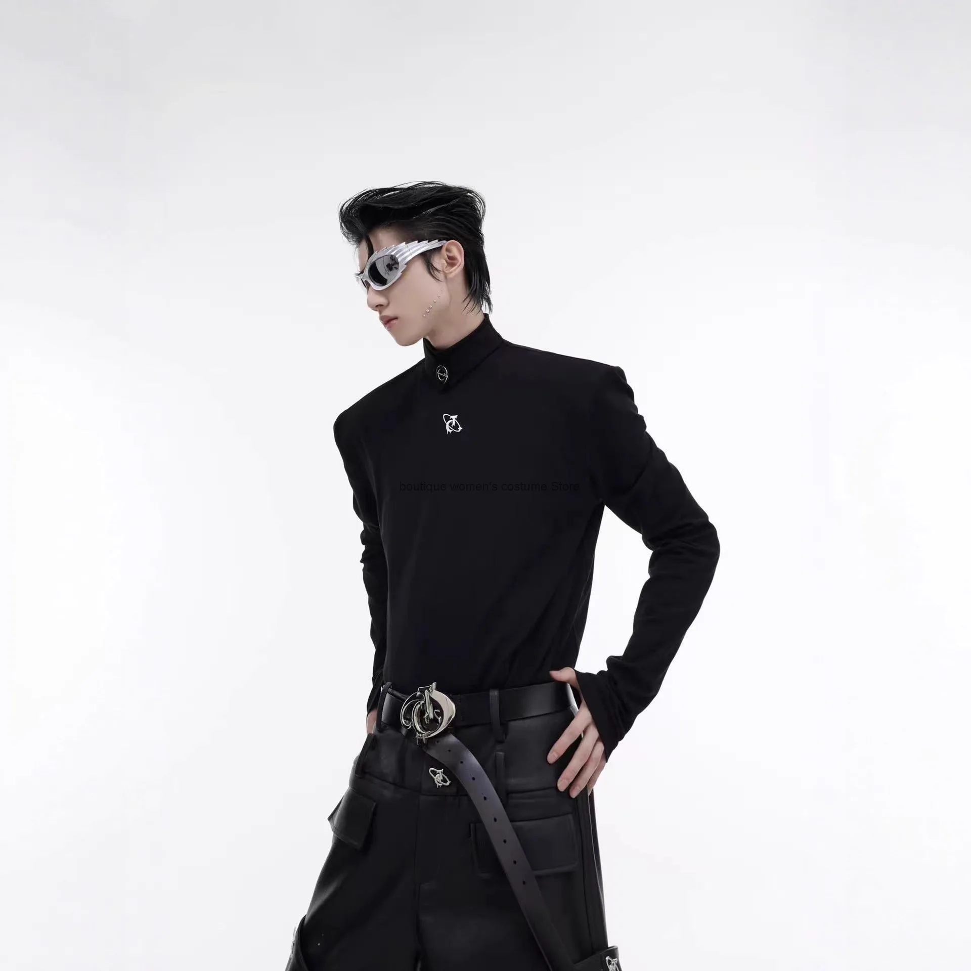 

Autumn Winter Niche Metal Design High Neck Padded Shoulder Base Shirt Long Sleeve Simple Slim Fit Inner Wear Halloween Cosplay