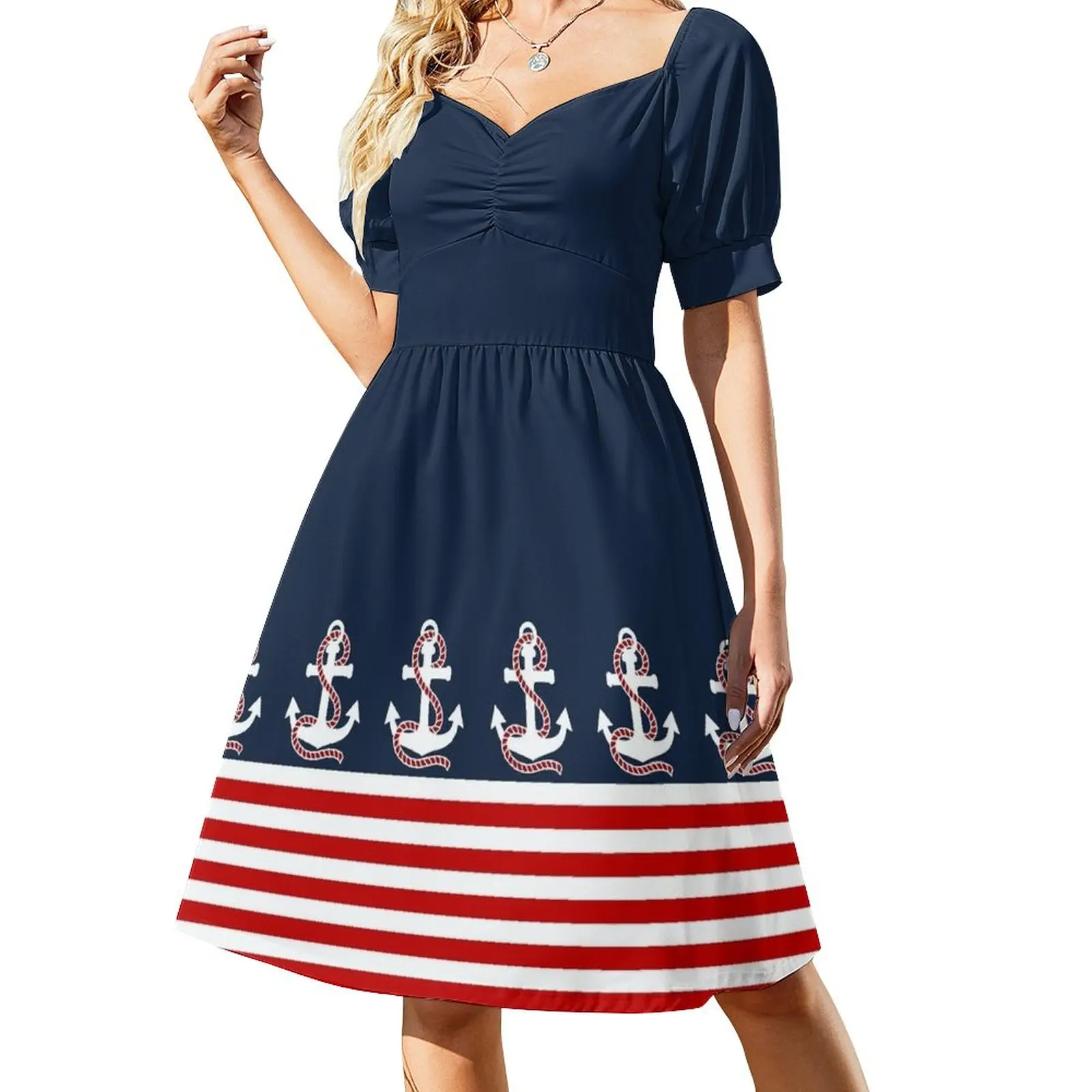 

Nautical red white stripes and red anchor on blue background Dress women dresses dresses for women 2023 luxury designer party