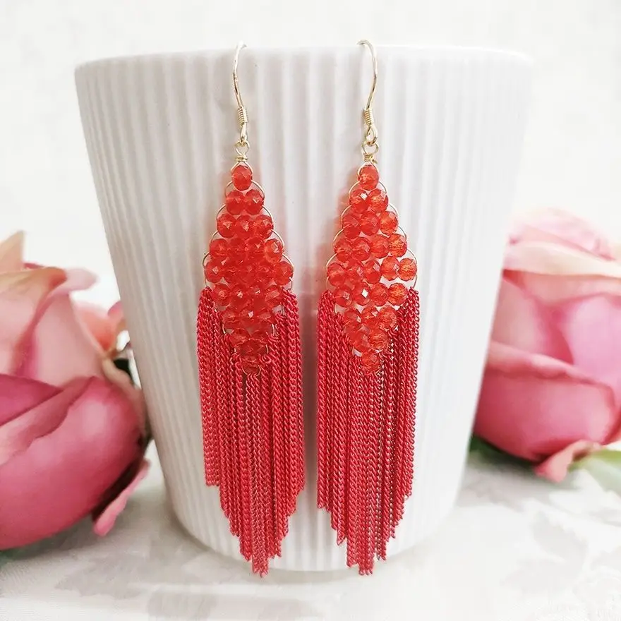 

Серьги ZGMXR с бусинами-рисинками, цепочкой-кисточкой, кристаллами, в богемном стиле, ручной работы, из сплава, женские, модные, простые, с бисером