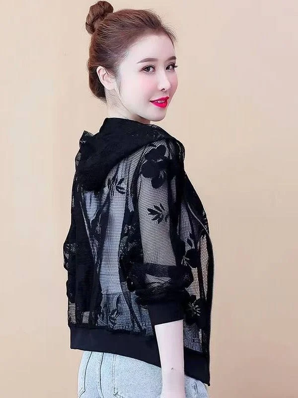 Women's UV Protection Lace Short Coat Thin Model plus Size Summer New Style Commute Style Loose Fit Hat Integrated