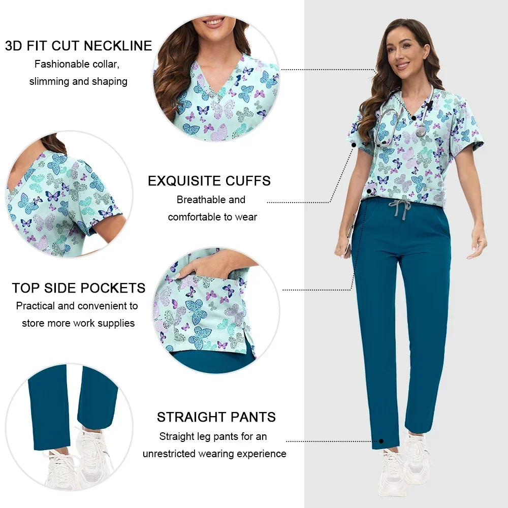 Atacado impresso esfrega uniforme conjunto com decote em v mangas curtas bolsos topo médico macio esfrega calças define enfermeira uniformes cirúrgicos mulher