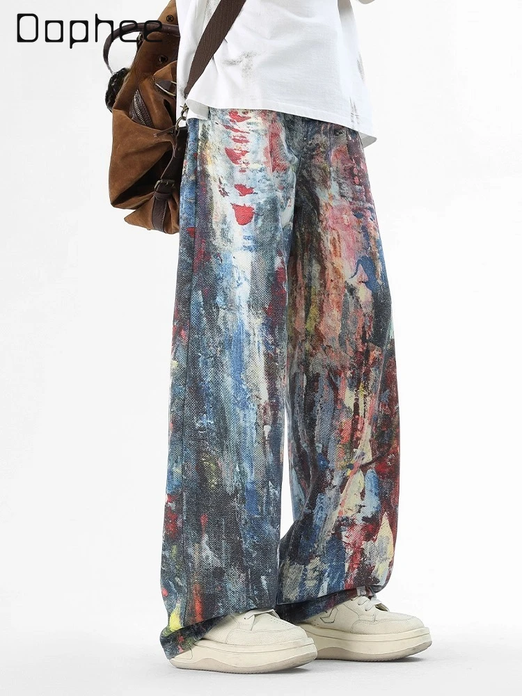

2025 Spring and Autumn New Men's Graffiti Colorful Casual High Waist Loose Straight Wide Leg Long Cotton Jeans