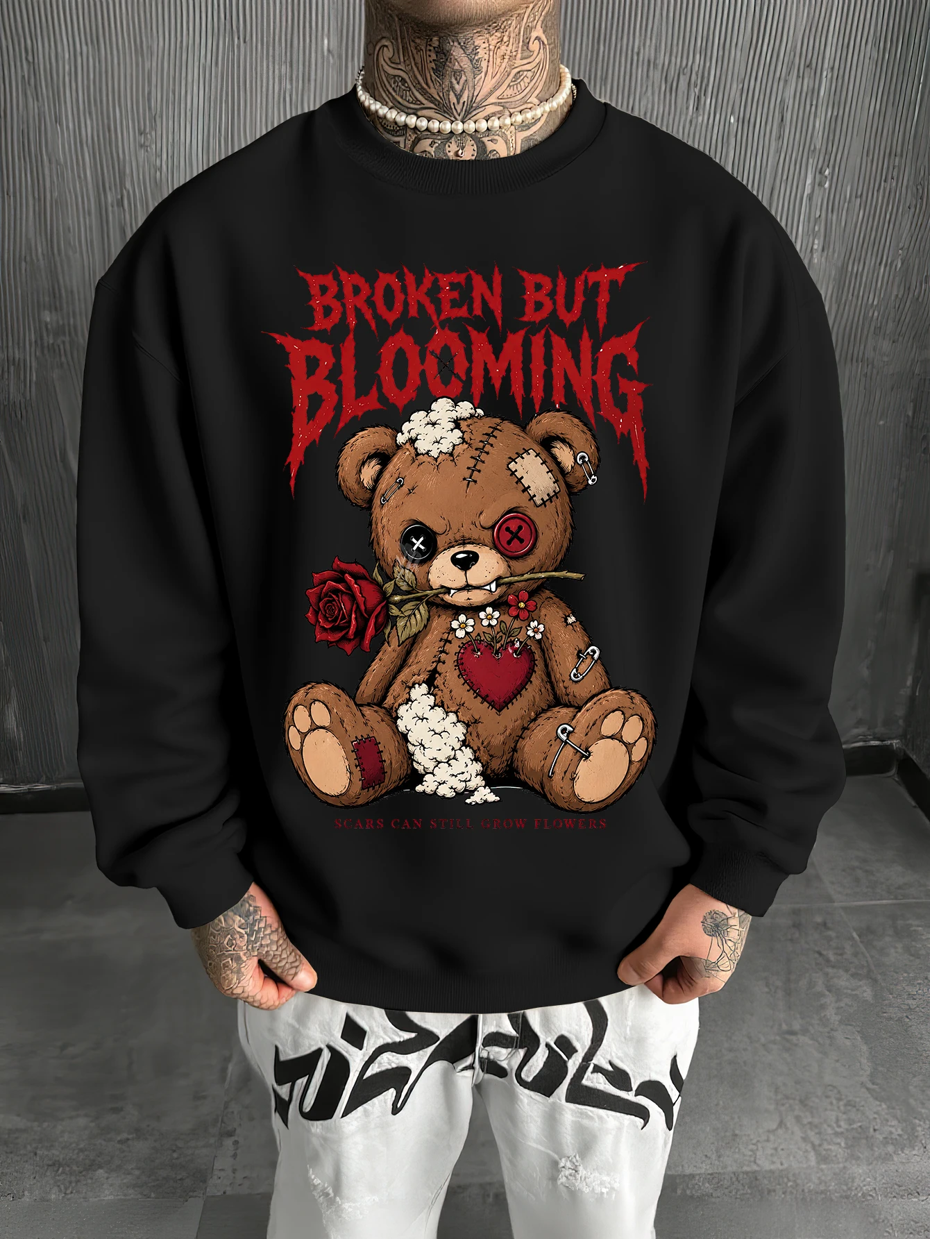 Men's Crewneck Sweatshirt Broken But Blooming Stitched Bear Rose Letter Print Long Sleeve Streetwear Pullover
