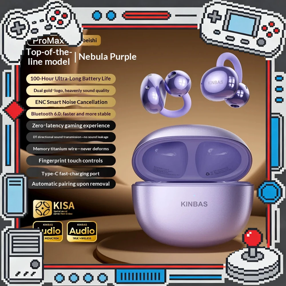 Kinbas ProMax9 Wireless Bluetooth Ear Clip Headphones Open Ear Non In Ear Sport Earbuds Enc Noise Reduction