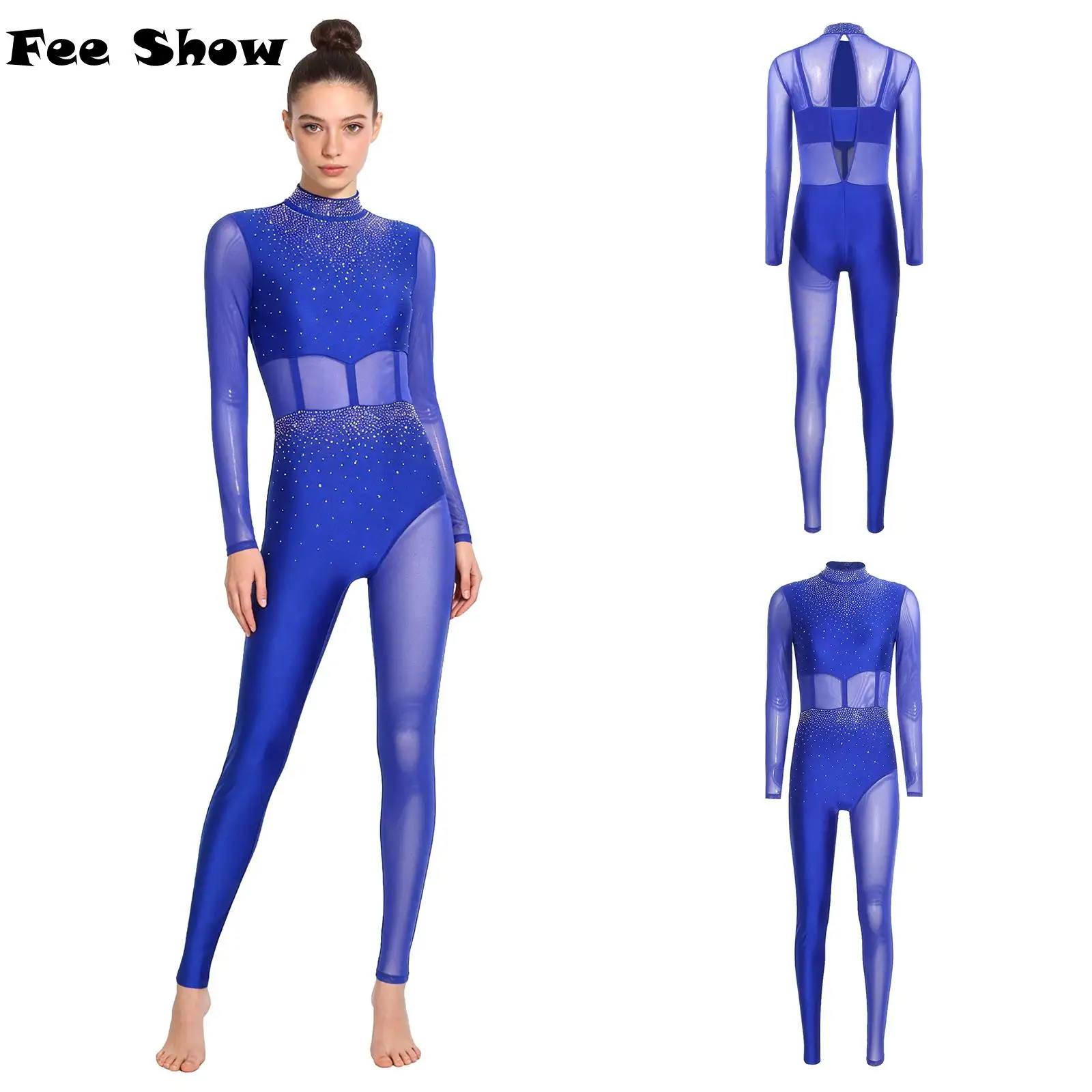 

Женский гимнастический комбинезон-боди с вырезами на спине из прозрачной сетки со стразами, цельный, для выступлений по фигурному катанию