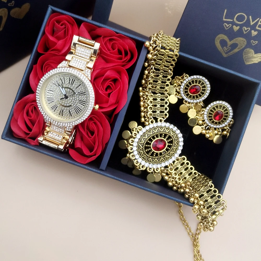 Fashion Golden Women Watch Luxury Elegant Diamond Quartz Watches Luxury Vintage Women's Jewelry Necklace Earrings Sets With Box