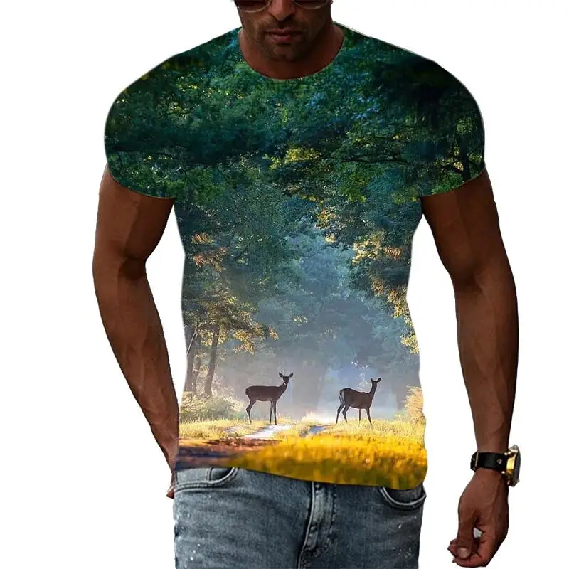 New Tide Summer FashionIn Landscape Animal Picture T-shirts Casual Print Tees Hip Hop Personality Round Neck Short Sleeve Tops