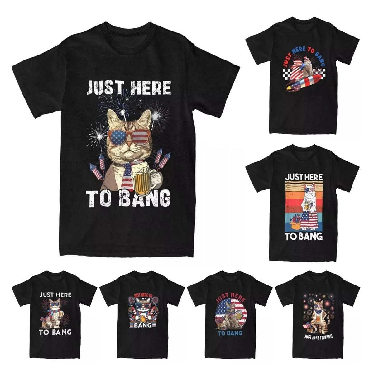 Men's T-Shirts Just Here To Bang USA Flag Leisure 100% Cotton Tees Firework Cat Funny 4th Of July T Shirt Clothing Plus Size