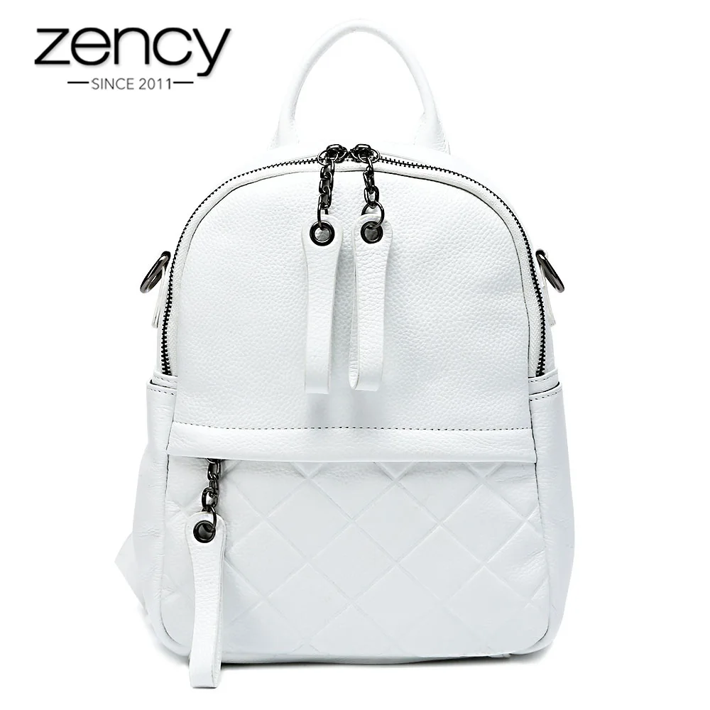 Zency 100% Genuine Leather Vintage Women Backpack Elegant Black White Daily Holiday Knapsack Casual Travel Bags Girl Schoolbag