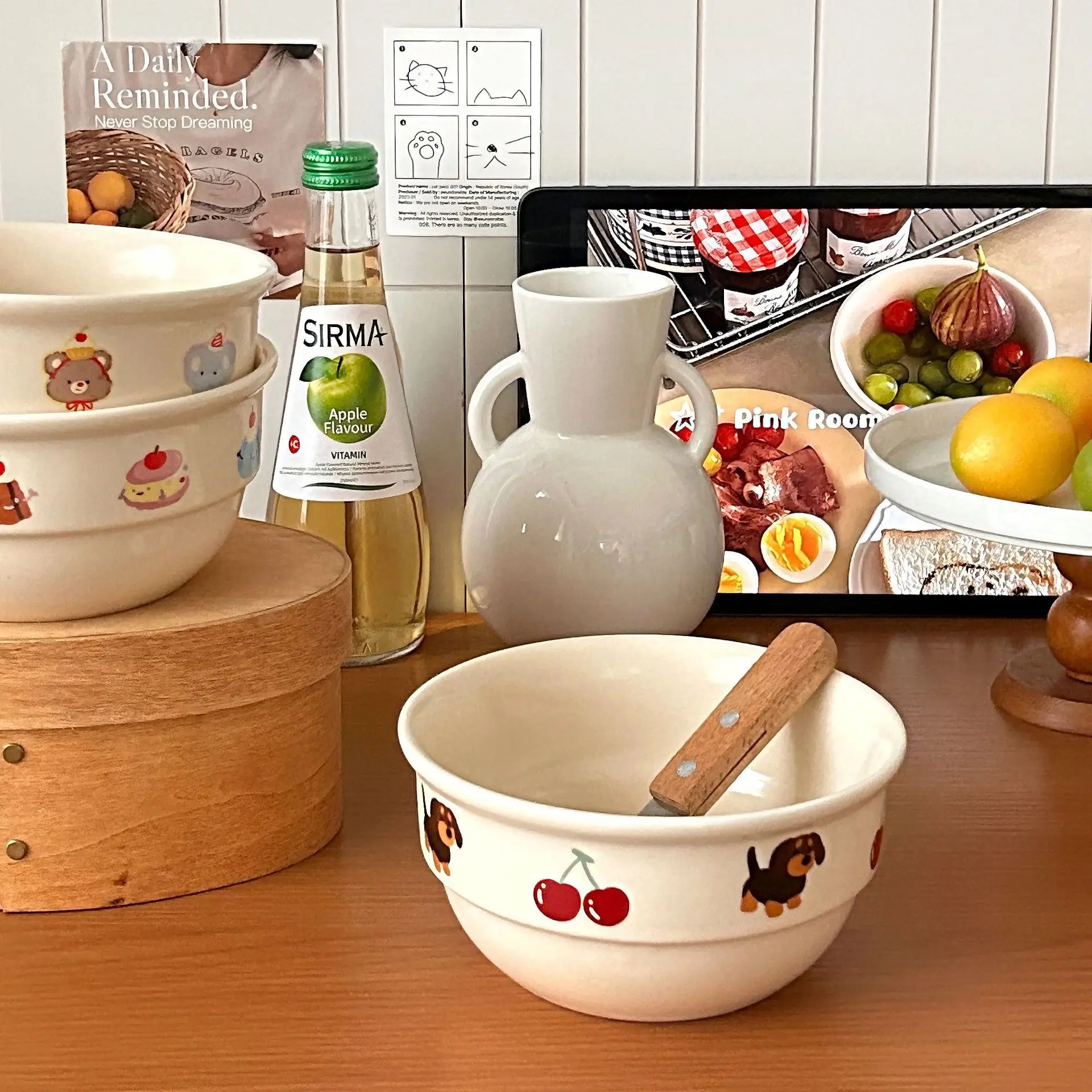 New Creamy Matte Cartoon Ceramic Noodle Bowl Household Girlish Heart Soup Porridge Breakfast Yogurt Bowl Rice Bowl for Home Use