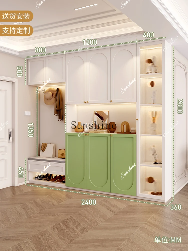 

French cream style shoe cabinet, entrance integrated clothes against the wall with stool, home entrance hanging hangers FT