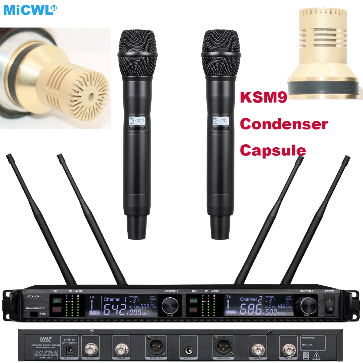 

Super Technology AD4D Dual Channel Wireless KSM9 Gold Condenser Microphone Stage Performance DJ Karaoke Digital Mic System