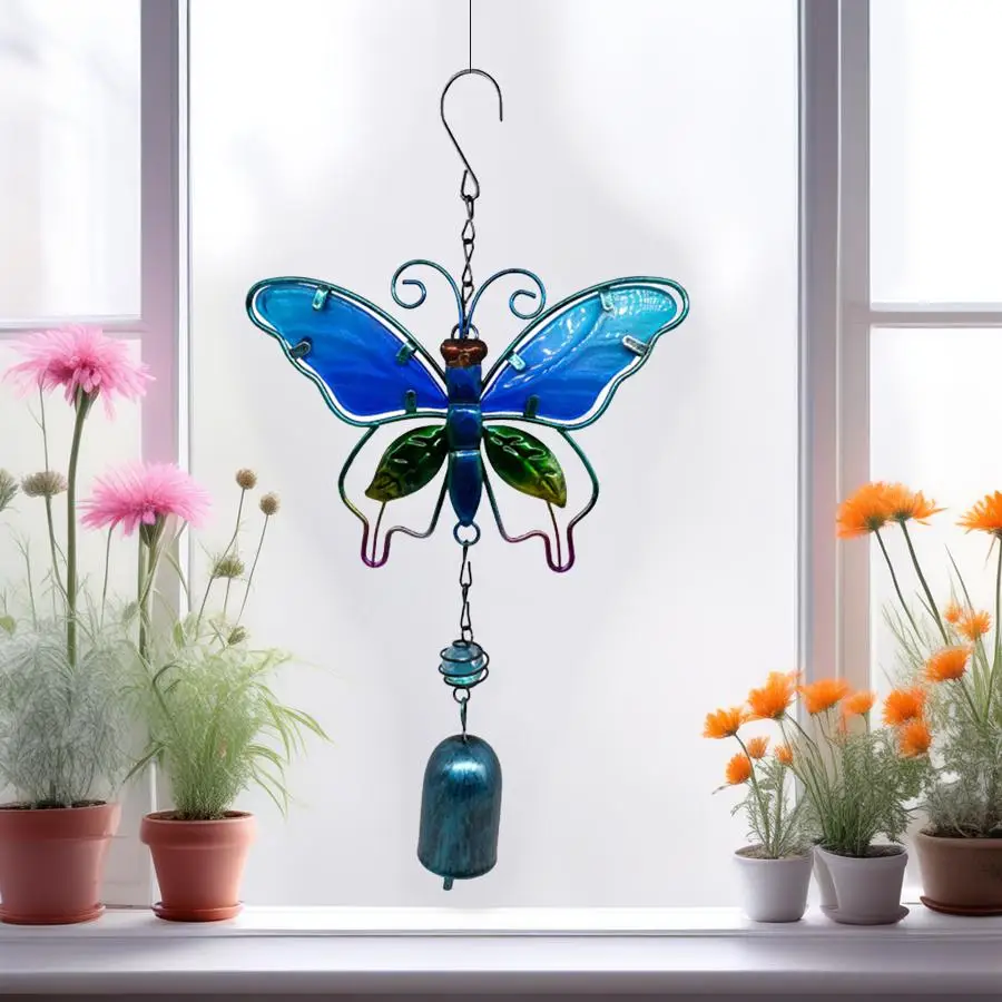Creative and Beautiful Butterfly Bell Wind Chime, Metal Iron Art Glass Painted Garden Porch Terrace Hanging Decoration, Spring Festival Celebration Mother's Day Decoration