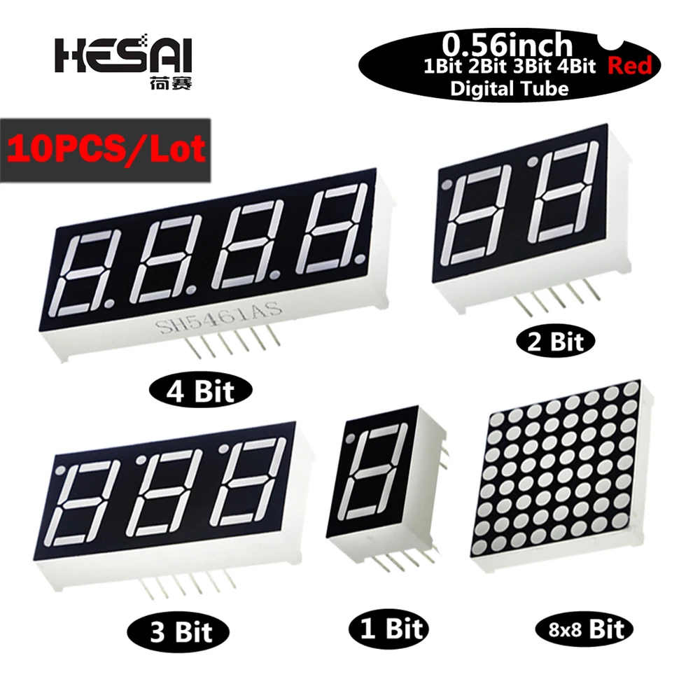 10PCS 0.56inch LED Display 7 Segment 1 Bit/2 Bit/3 Bit/4 Bit Digit Tube Red Common Cathode / Anode Digital 0.56 inch Led 8*8 Led