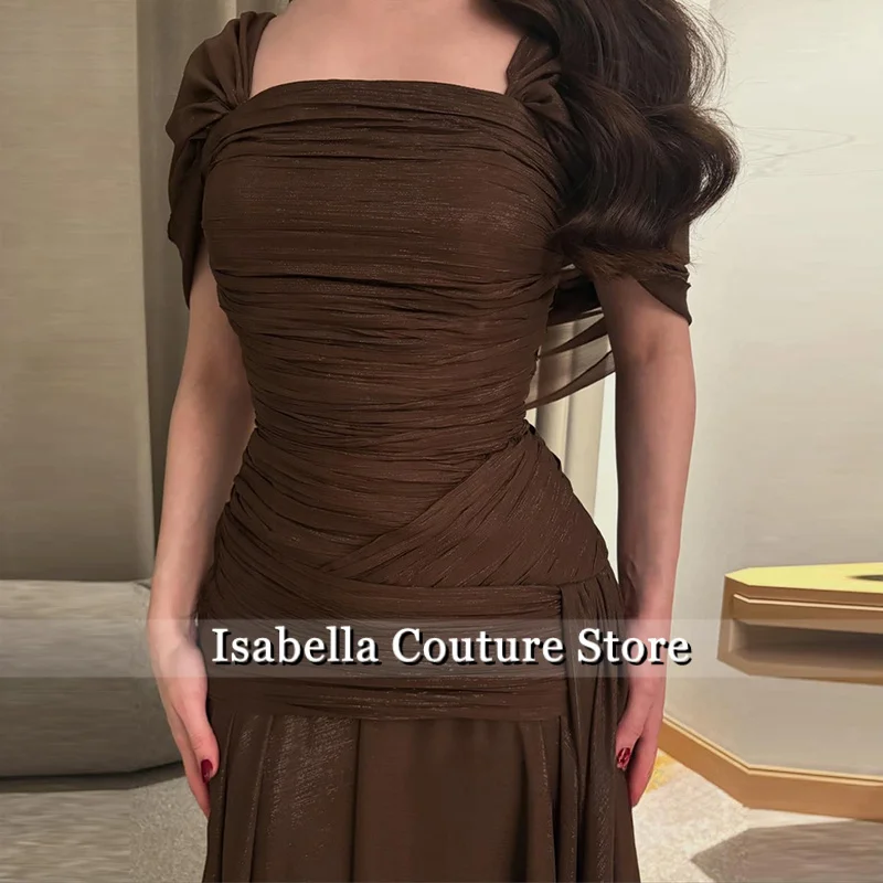 

Elegant Brown Chiffon Evening Dresses Off The Shoulder A-Line Formal Prom Dresses Pleated Saudi Arabia Prom Gown Customize