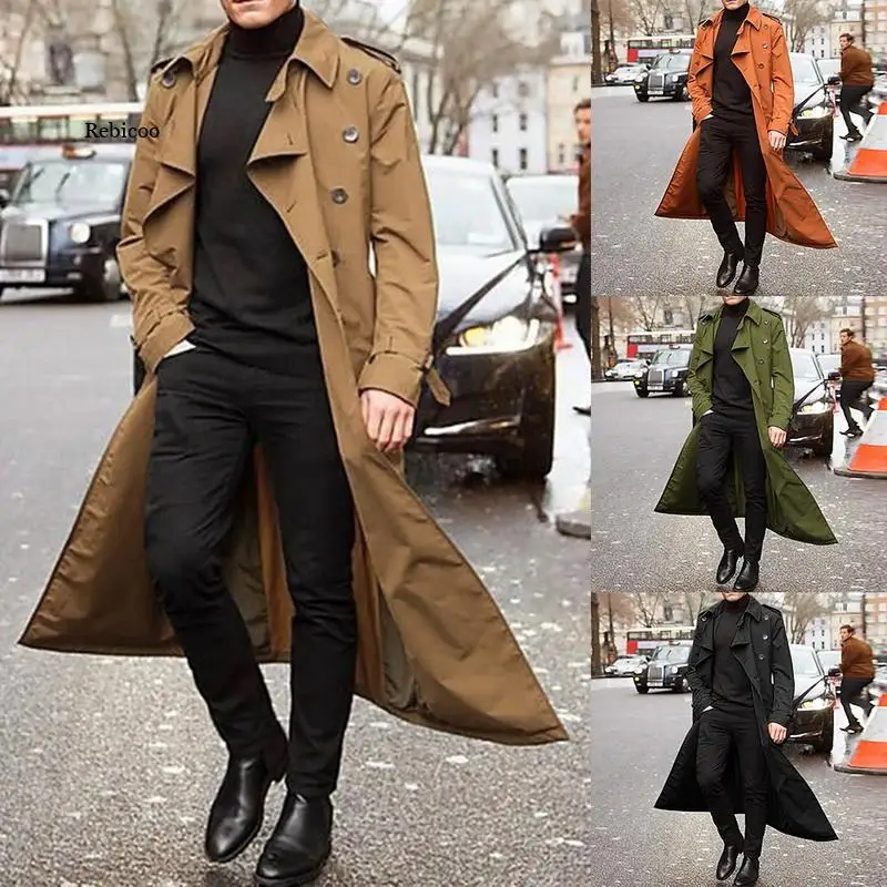 

Long Slim Men Trench Coat Double-breasted Lapel Windbreaker Male Fashion Autumn Winter Coat Long Design Trench Male