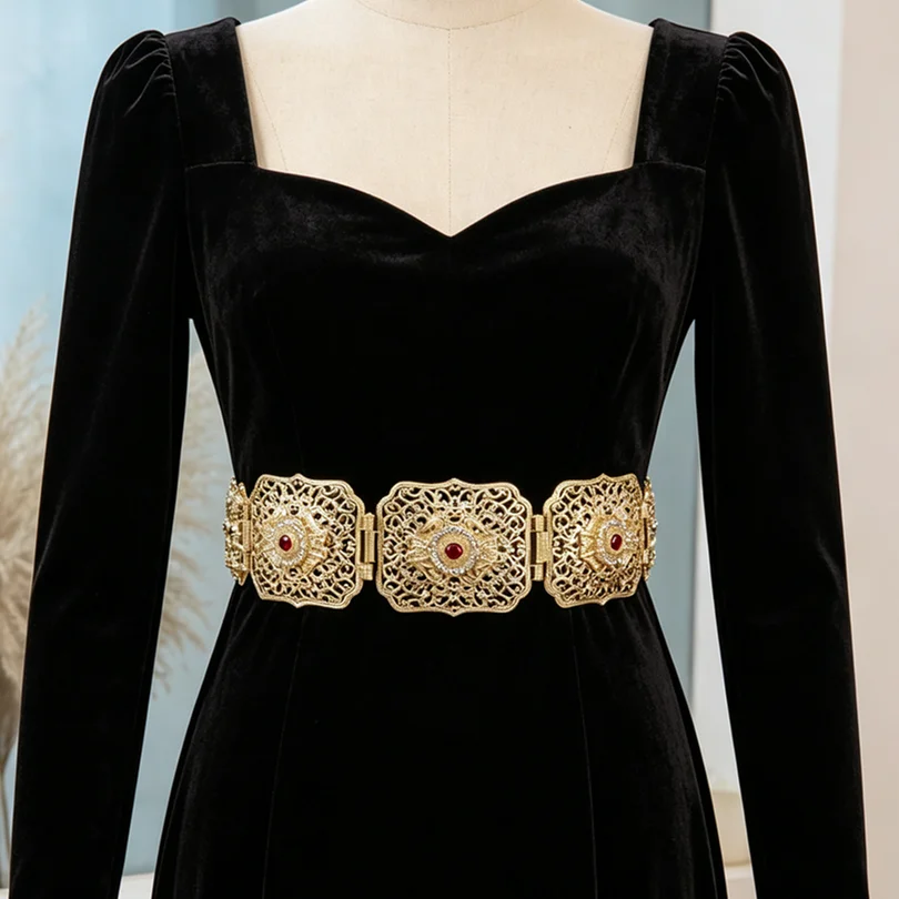 Gold Hollow Out Crystal Waist Belt, Women Square Buckle Cinch Belt, Middle East Wedding Dress Accessories