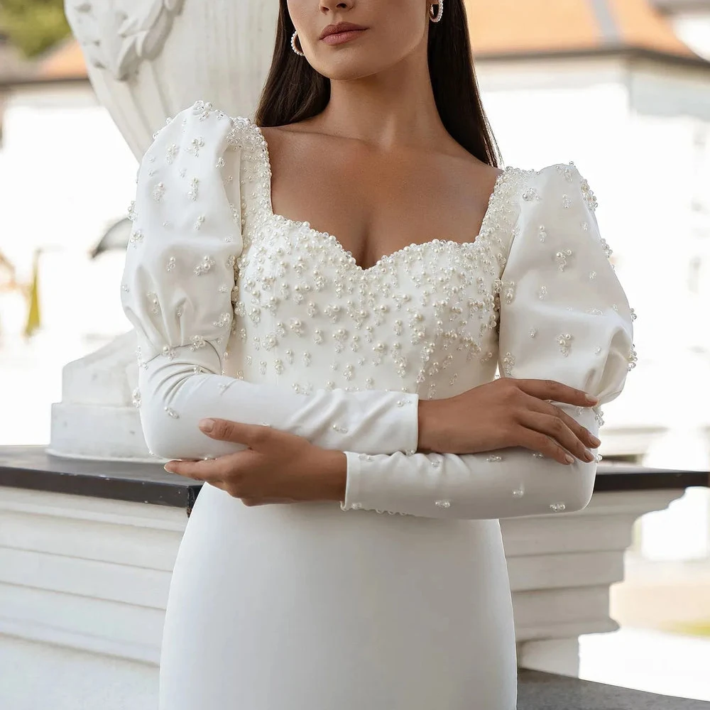 فساتين زفاف حورية البحر لؤلؤ مخصصة 2025 فتحة رقبة مربعة بدون ظهر فستان زفاف على شكل قلب كم كامل رداء de mariage