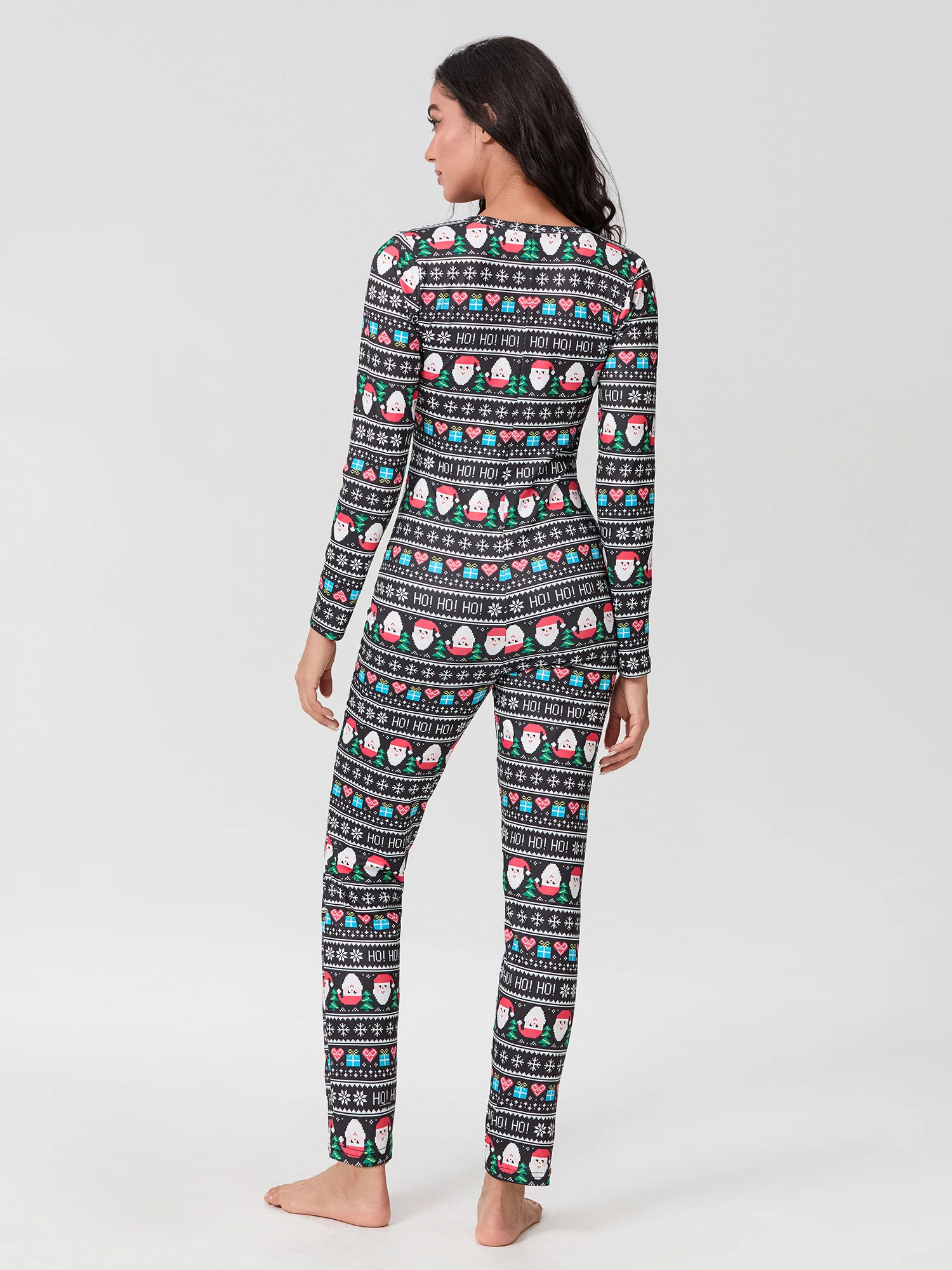 Dames bodycon jumpsuit kerstprint lange mouw V-hals romper voor binnen en buiten