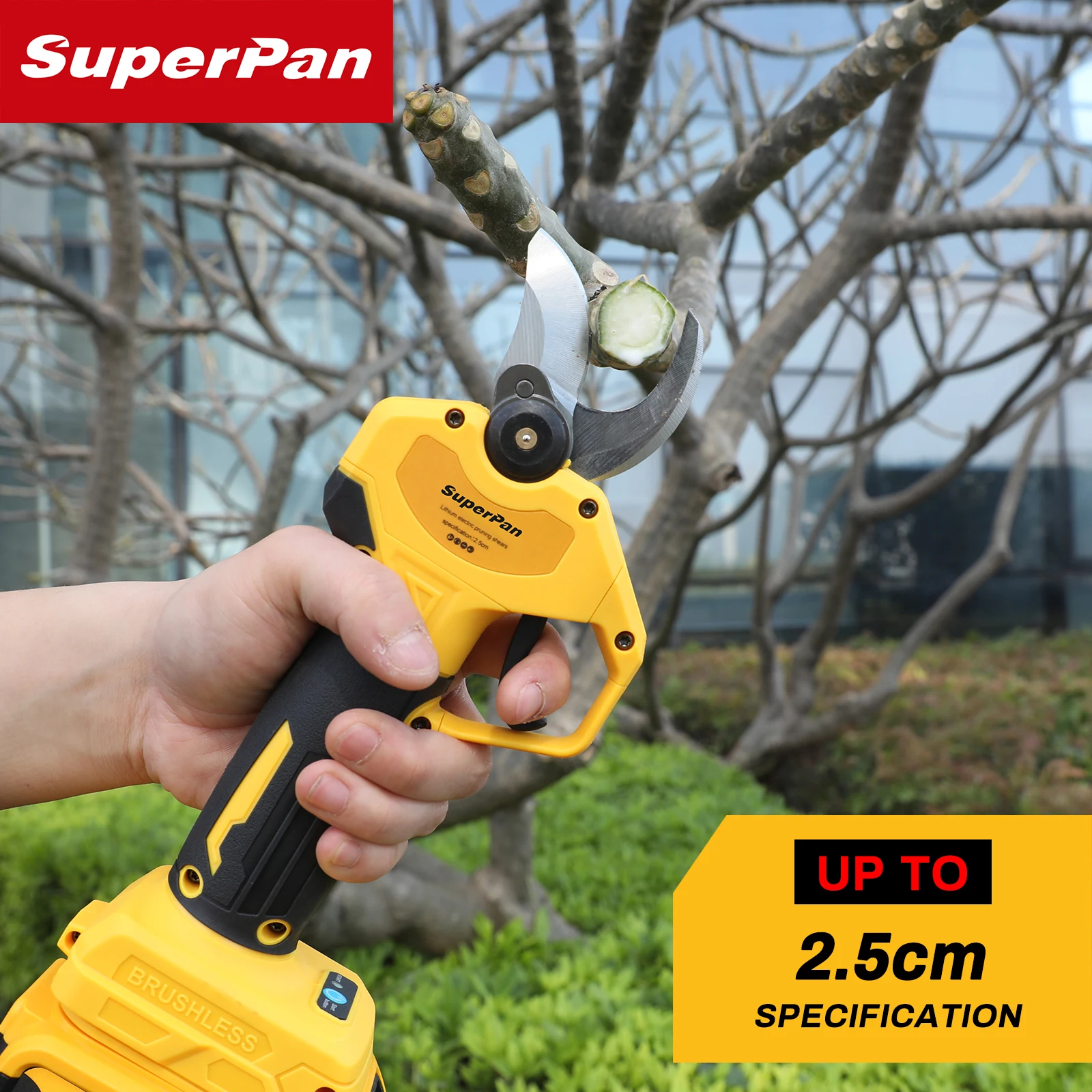 

Superpan Professional Brushless Electric Pruning Shears - Cordless Fruit Tree Pruner with LED Display for DeWalt 18V Battery