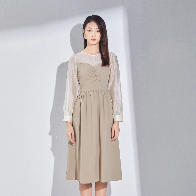 

Платье макси Dailanzhi осеннее, приталенное, универсальное, для офиса, с пэчворком, с завышенной талией, А-силуэт, с длинными рукавами, цветное