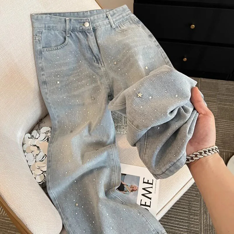 Women Denim Pants Star Diamond Decoration High Waisted Straight Loose Solid Color Simple Daily Casual Versatile Wide Leg Pants