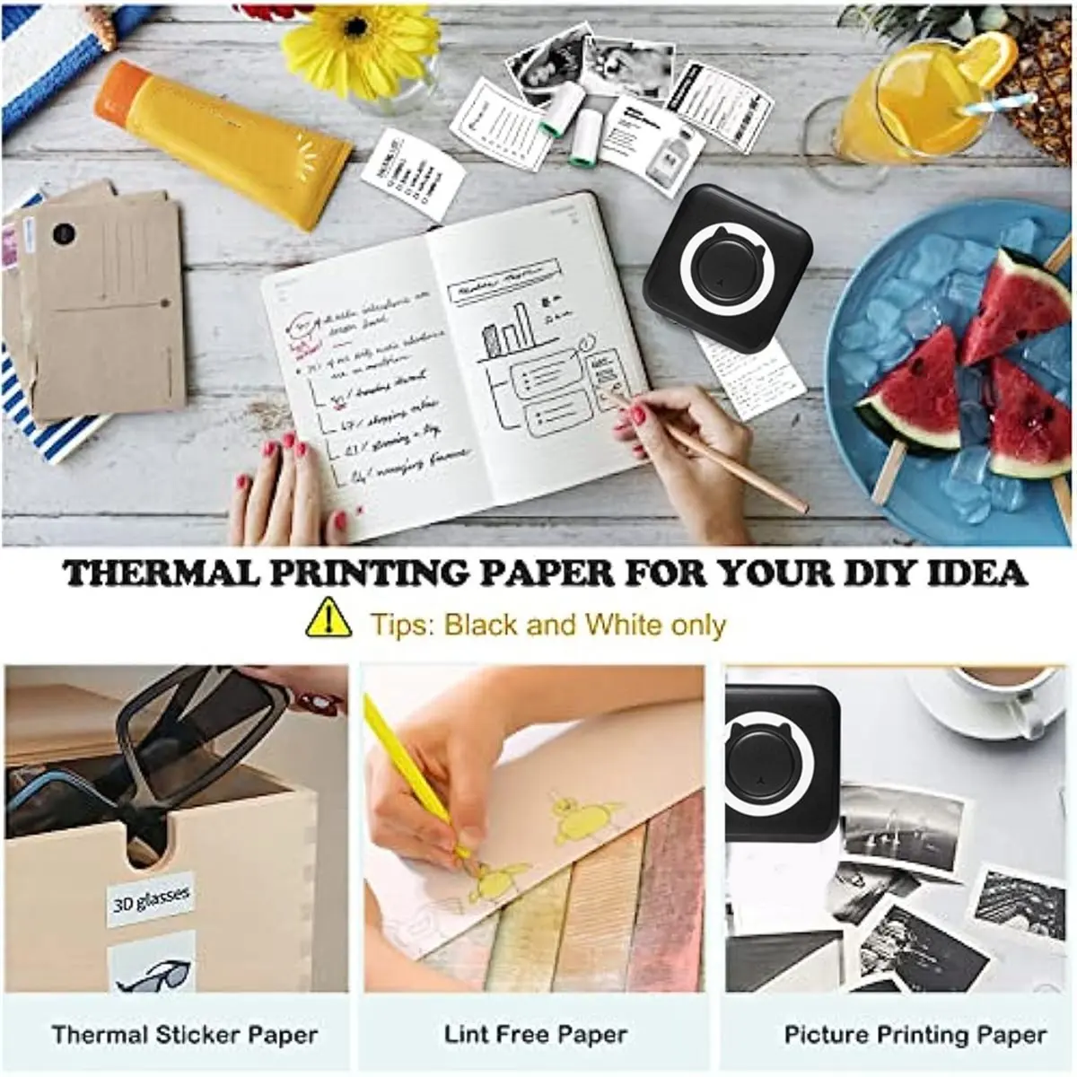 

Pleased- Print Portable Thermal Printer Photo Pocket Thermal Label Printer 58mm Printing Wireless Bluetooth Android IOS Black